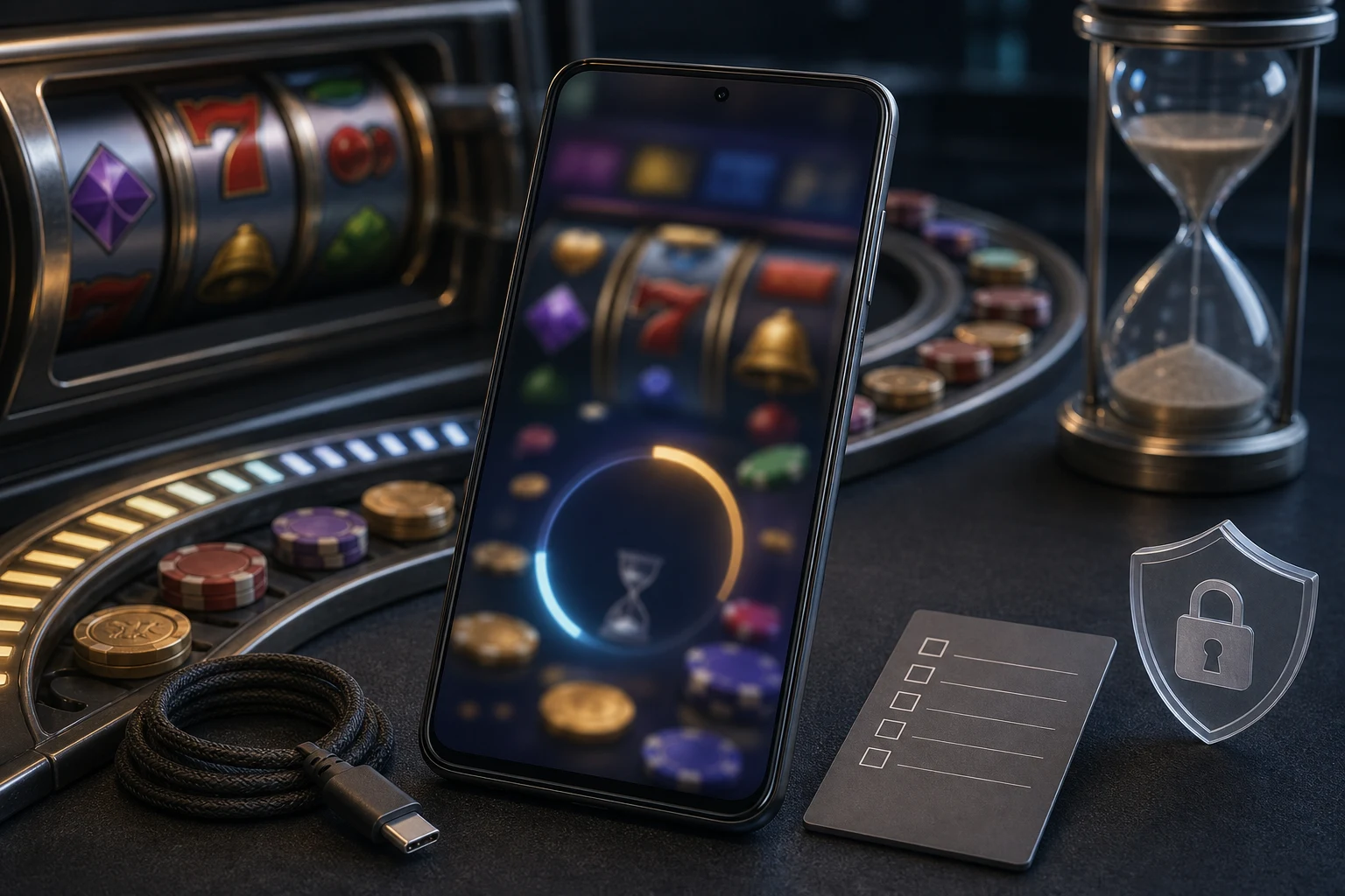 Smartphone showing a loading interface among cables, a checklist card and a glass shield