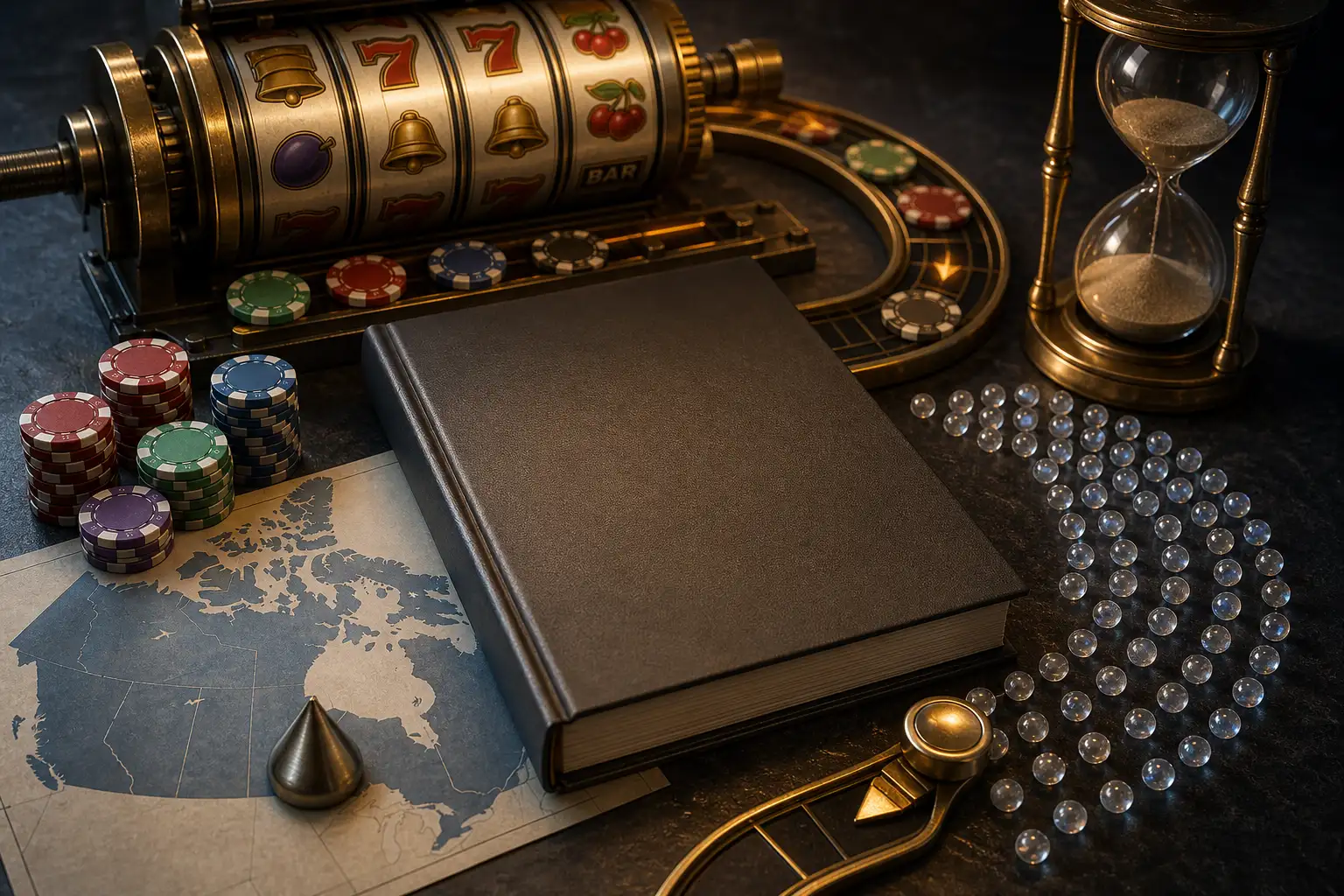 Editorial still with a closed briefing volume, a map of Canada and casino objects on a dark surface
