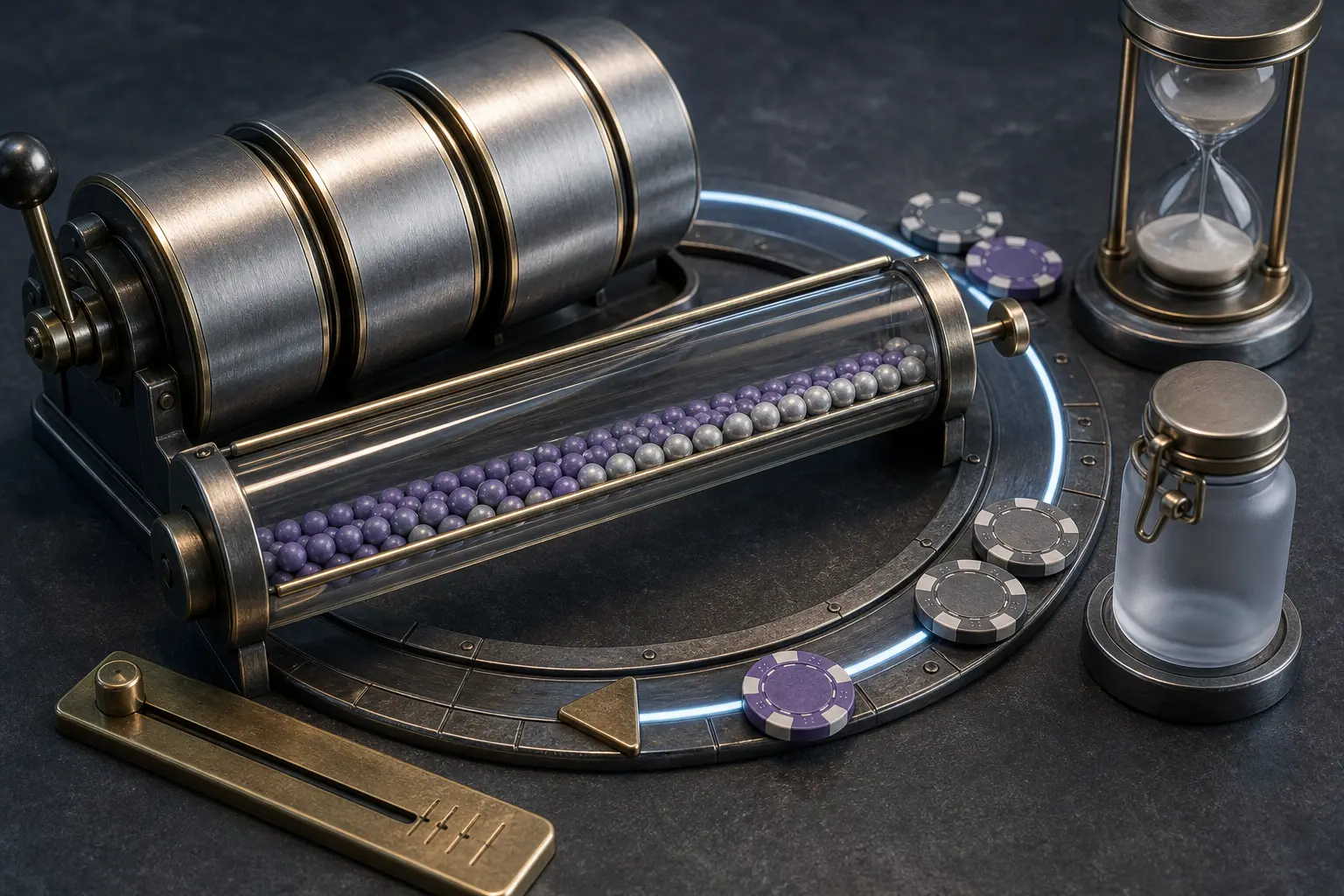 Close view of a precision mechanical reel device with chips and a glowing circular track